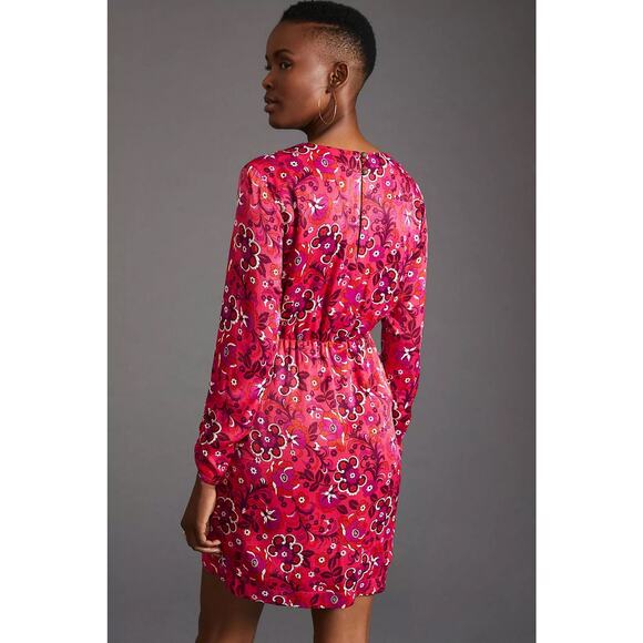 Maeve Anthropologie Pink Floral Print Long Sleeve Wrap Mini Dress Size Medium - Picture 3 of 16
